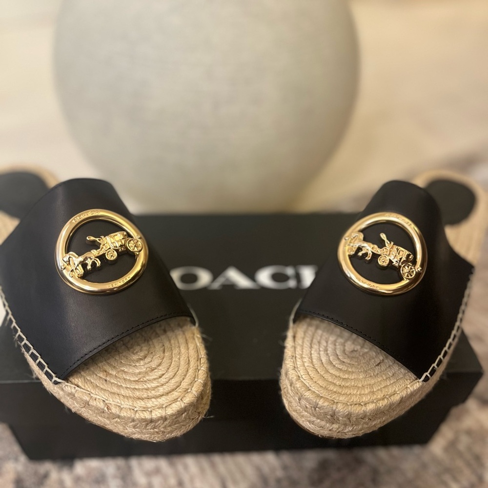 NWB/Coach Black and Gold Leather Espadrille Sandals